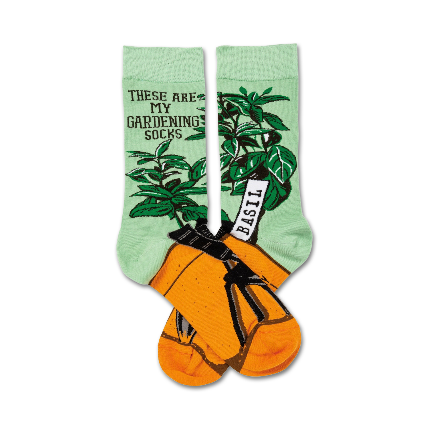 A pair of crew socks. One sock is mint green with a basil plant illustration, the other is orange with a gardening pot design. Both socks say 'These are my gardening socks'.