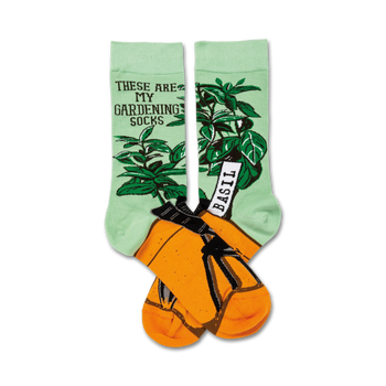 green crew socks designed for women, featuring basil plant image on each sock with the phrase '{these are my} gardening socks' and labeled 'basil' tags.   