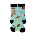 Pair of light blue crew socks with black cuffs. Features various sports balls (basketball, football, baseball, soccer ball) and the text 'These Are My Game Day Socks'.