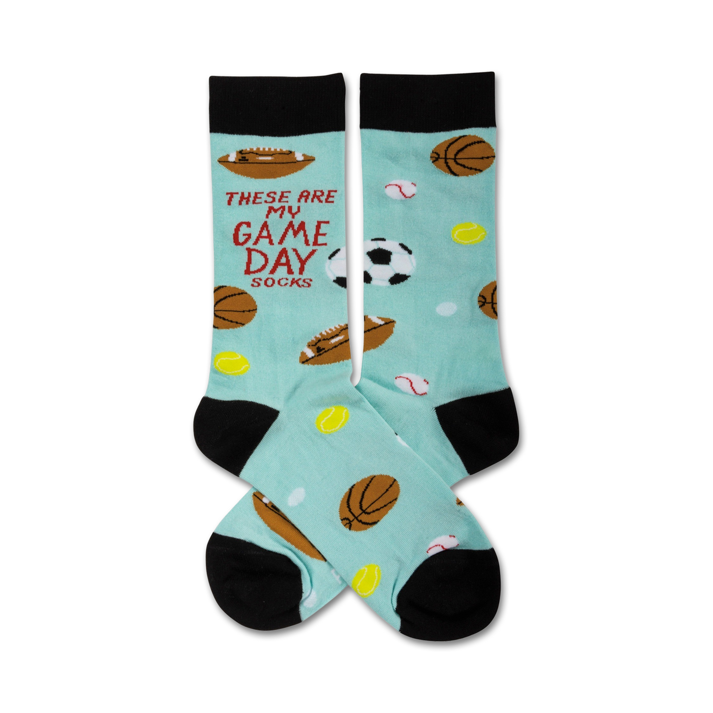 Pair of light blue crew socks with black cuffs. Features various sports balls (basketball, football, baseball, soccer ball) and the text 'These Are My Game Day Socks'.