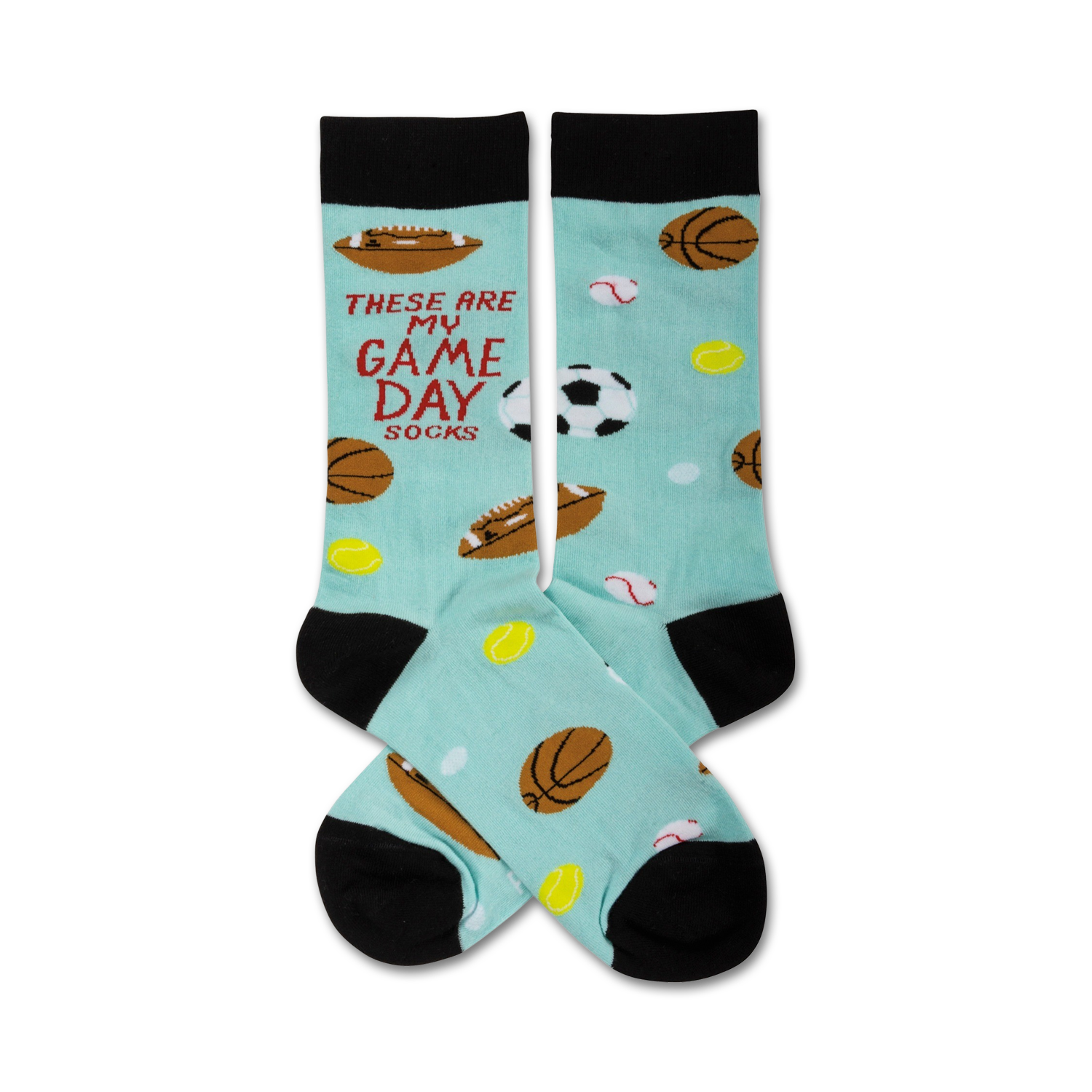 Pair of light blue crew socks with black cuffs. Features various sports balls (basketball, football, baseball, soccer ball) and the text 'These Are My Game Day Socks'.