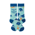 Crew socks in teal blue and dark blue.  The design includes shopping bags and credit cards with orange flames.