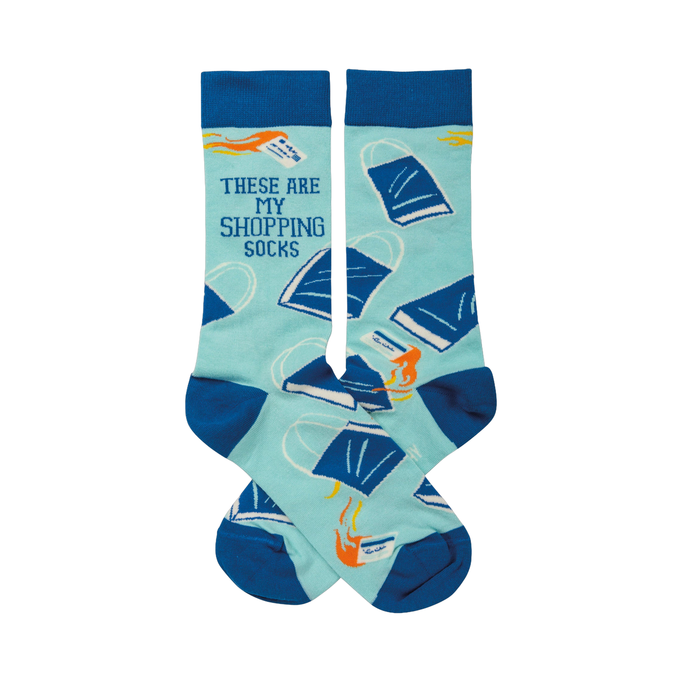 Crew socks in teal blue and dark blue.  The design includes shopping bags and credit cards with orange flames.