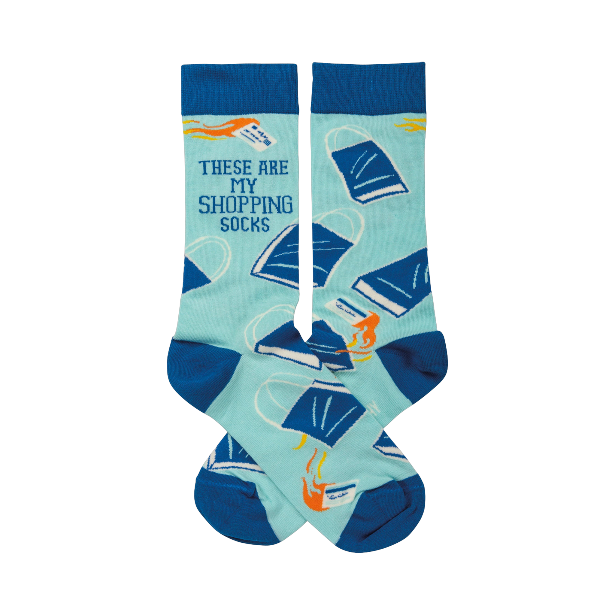 Crew socks in teal blue and dark blue.  The design includes shopping bags and credit cards with orange flames.