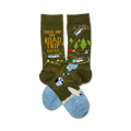 Pair of crew socks; olive green with light blue accents; illustration of road trip scenes, including vans, mountains, and a campsite.