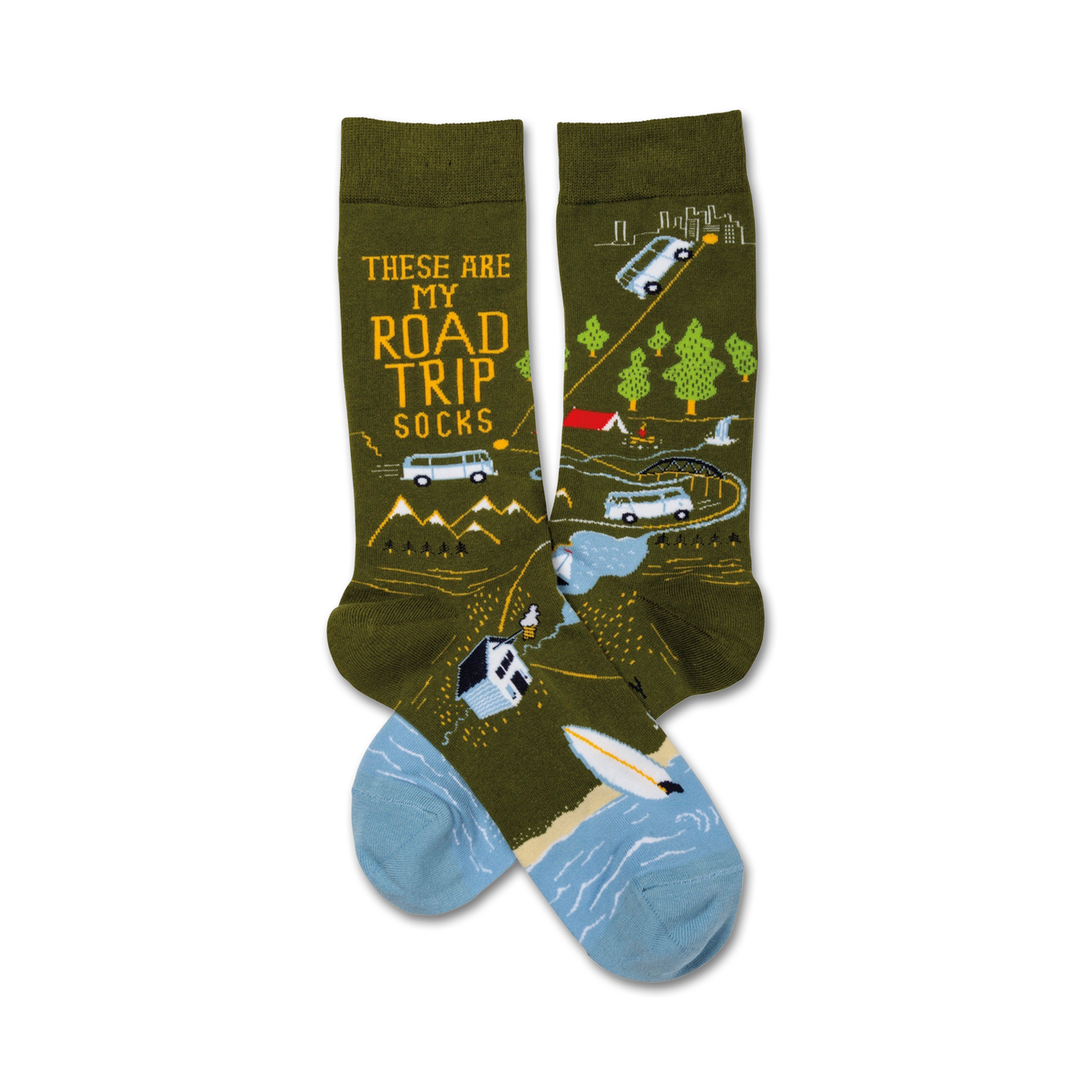 Pair of crew socks; olive green with light blue accents; illustration of road trip scenes, including vans, mountains, and a campsite.