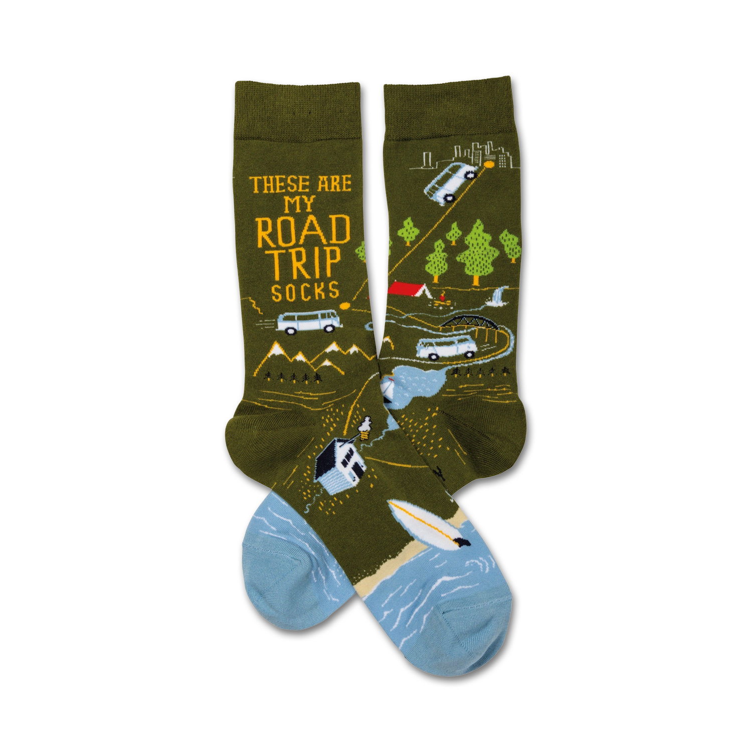 Pair of crew socks; olive green with light blue accents; illustration of road trip scenes, including vans, mountains, and a campsite.