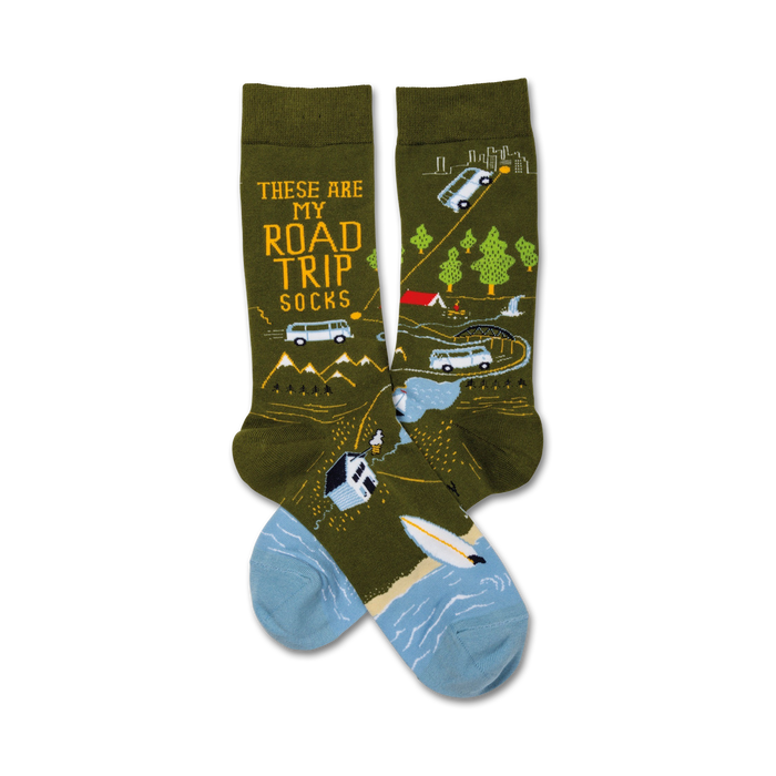 green crew socks with black text reading 