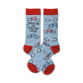 Pair of light blue crew socks with red and blue bicycle designs and the text 'These Are My Biking Socks'.