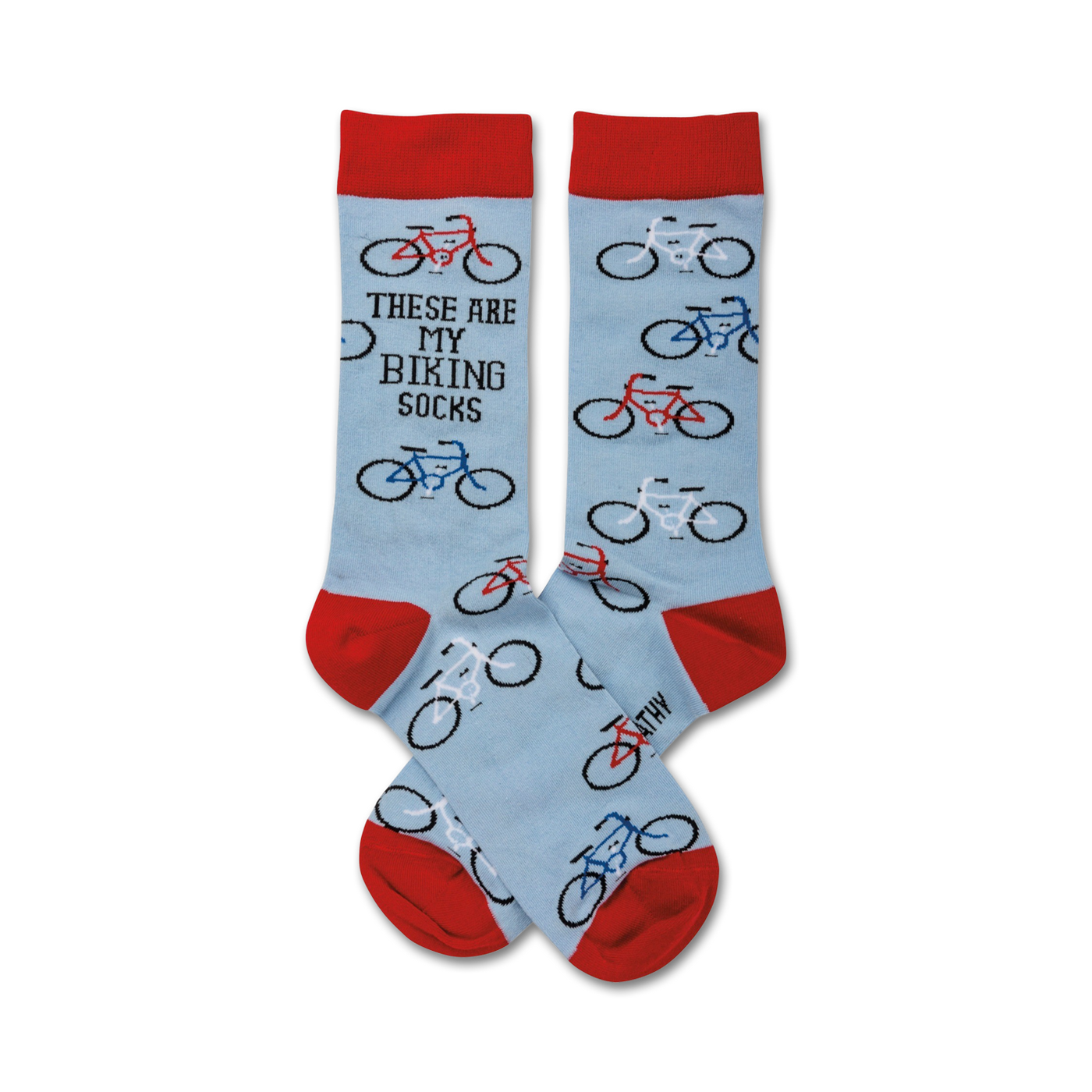 Pair of light blue crew socks with red and blue bicycle designs and the text 'These Are My Biking Socks'.
