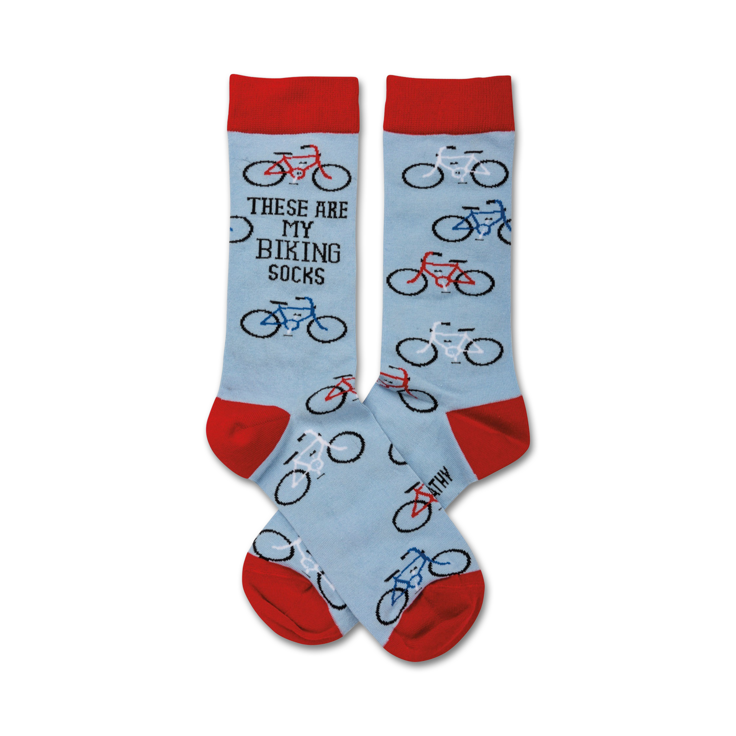 Pair of light blue crew socks with red and blue bicycle designs and the text 'These Are My Biking Socks'.