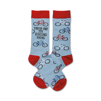  blue crew socks with red accents and bicycle pattern, boldly displaying "these are my biking socks" in white.   