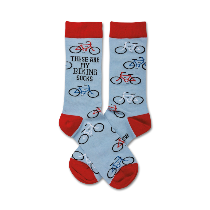  blue crew socks with red accents and bicycle pattern, boldly displaying 