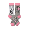 Crew socks in grey and pink. One sock shows a woman and cat gossiping; the other shows the cat alone. Text reads 'My cat and I talk shit about you!'