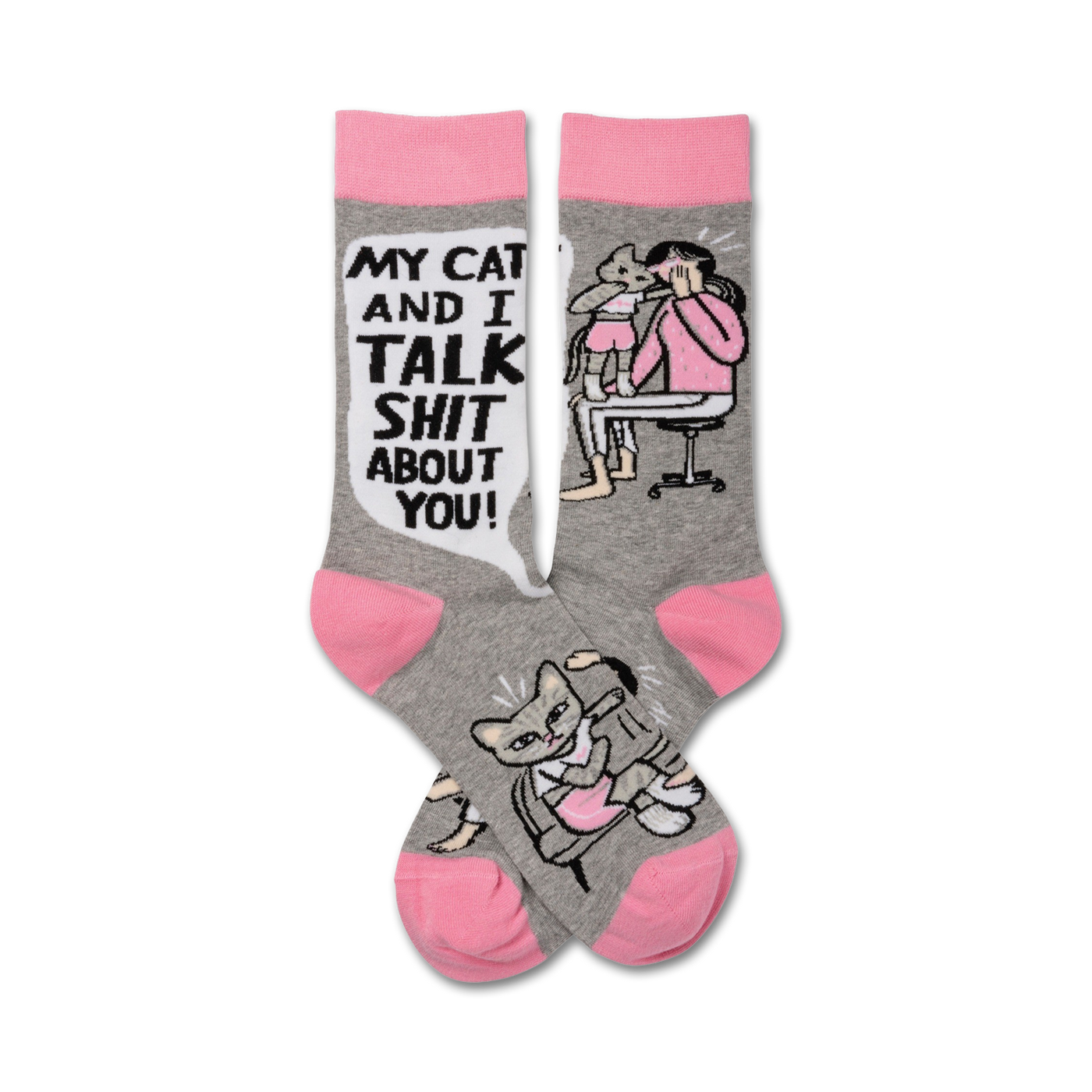 Crew socks in grey and pink. One sock shows a woman and cat gossiping; the other shows the cat alone. Text reads 'My cat and I talk shit about you!'