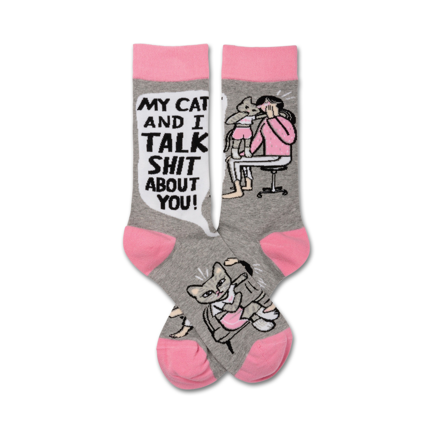 Crew socks in grey and pink. One sock shows a woman and cat gossiping; the other shows the cat alone. Text reads 'My cat and I talk shit about you!'