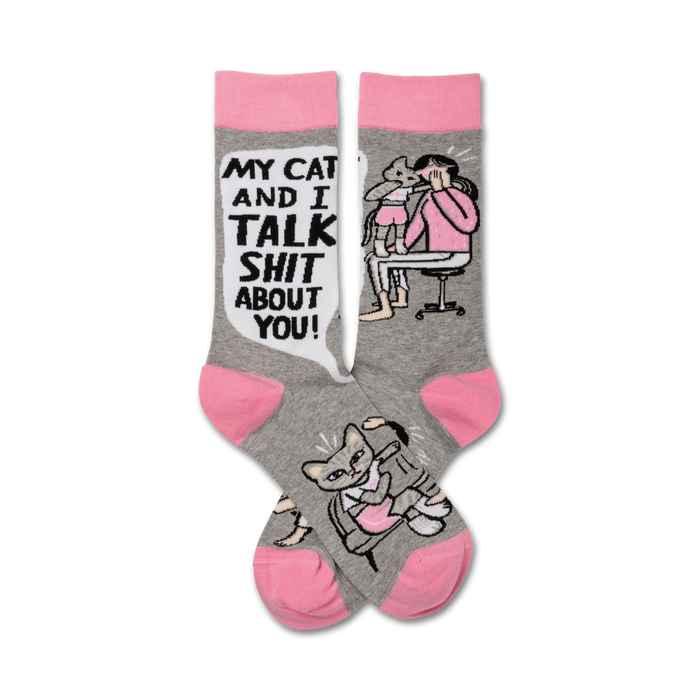 gray crew socks with pink toes and heels featuring a cartoon of a woman and a cat talking with the phrase 