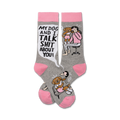 Crew socks in gray and pink.  Design features a cartoon woman and dog with speech bubble saying, "My dog and I talk shit about you!"