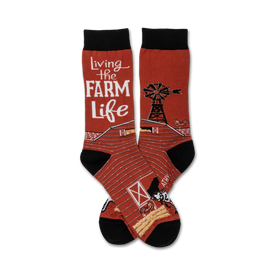 red crew socks w/black toes and heels; white farm scene; "living the farm life"   