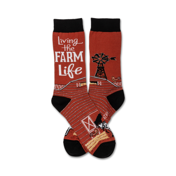 red crew socks w/black toes and heels; white farm scene; "living the farm life"   