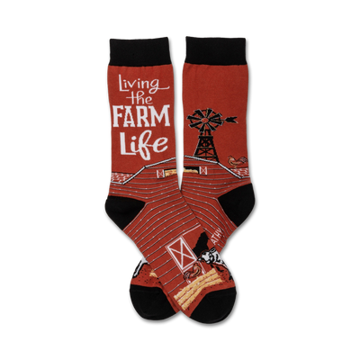 red crew socks w/black toes and heels; white farm scene; "living the farm life"   