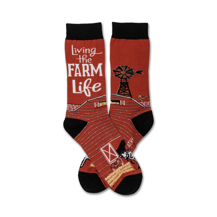red crew socks w/black toes and heels; white farm scene; 