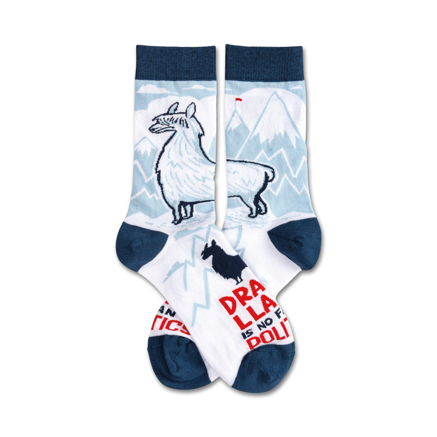 A pair of crew socks in white, blue, and red.  They feature a llama illustration, a mountain scene, and the text 'Drama Llama is no fun, politics'.