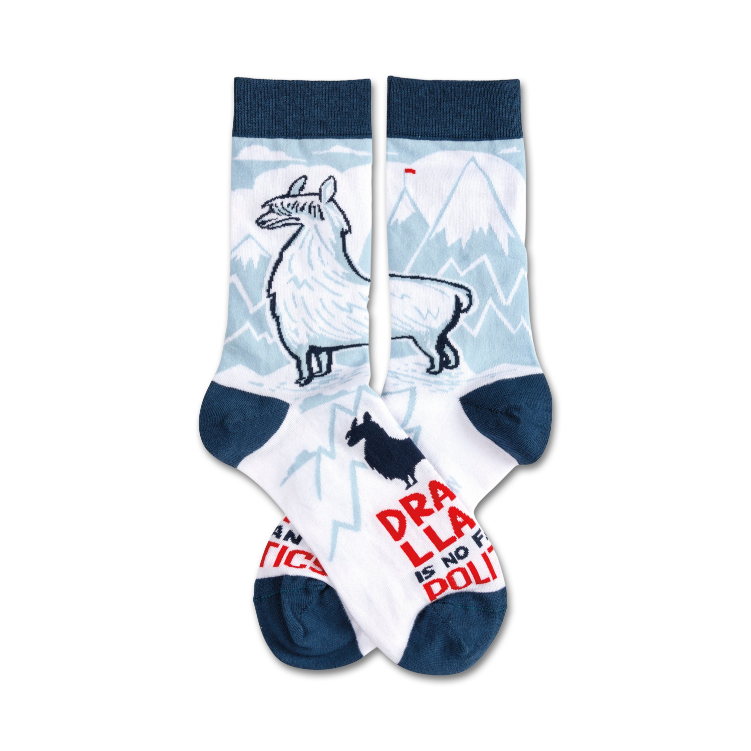 A pair of crew socks in white, blue, and red.  They feature a llama illustration, a mountain scene, and the text 'Drama Llama is no fun, politics'.
