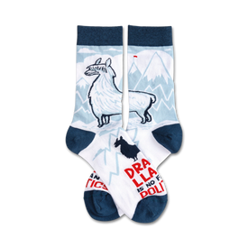  drama llama themed crew socks for women featuring llama wearing sunglasses and "drama llama is no fan of politics" text   