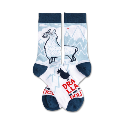  drama llama themed crew socks for women featuring llama wearing sunglasses and "drama llama is no fan of politics" text   