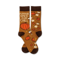 Brown crew socks with orange pumpkins, coffee cups, and the text 'Pumpkin Spice and Chill'.