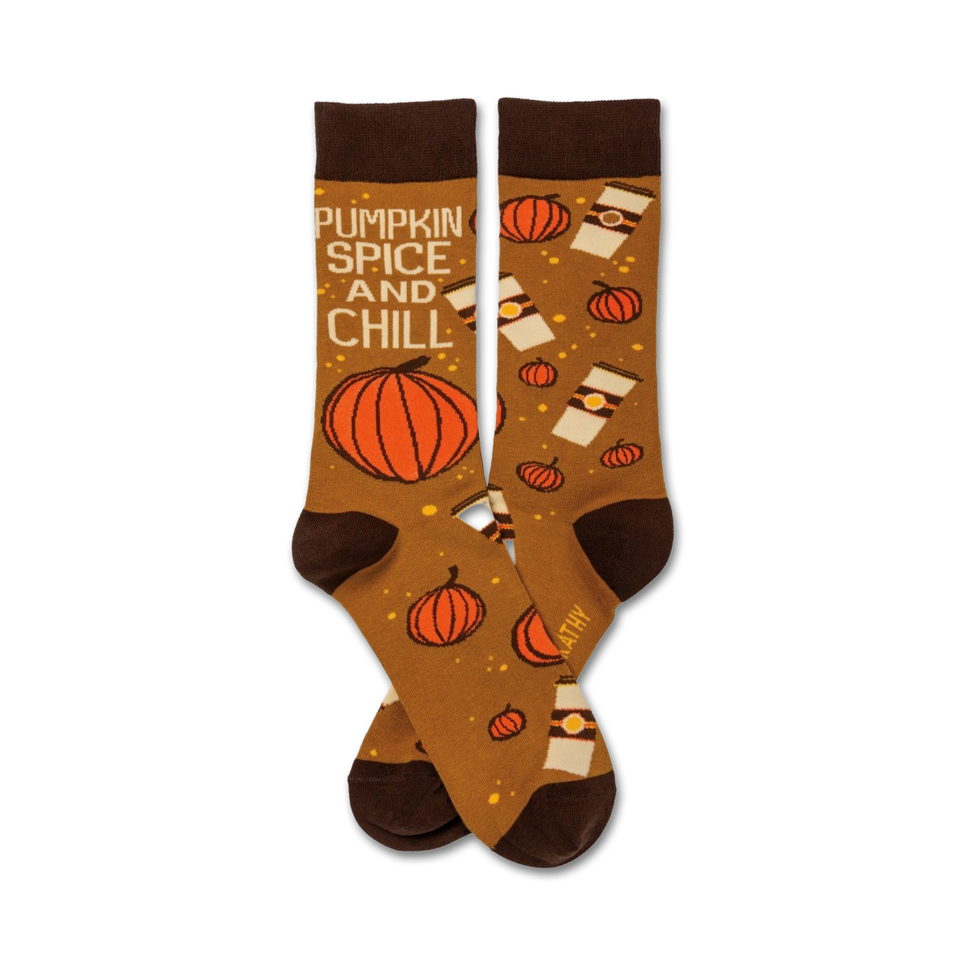 Brown crew socks with orange pumpkins, coffee cups, and the text 'Pumpkin Spice and Chill'.