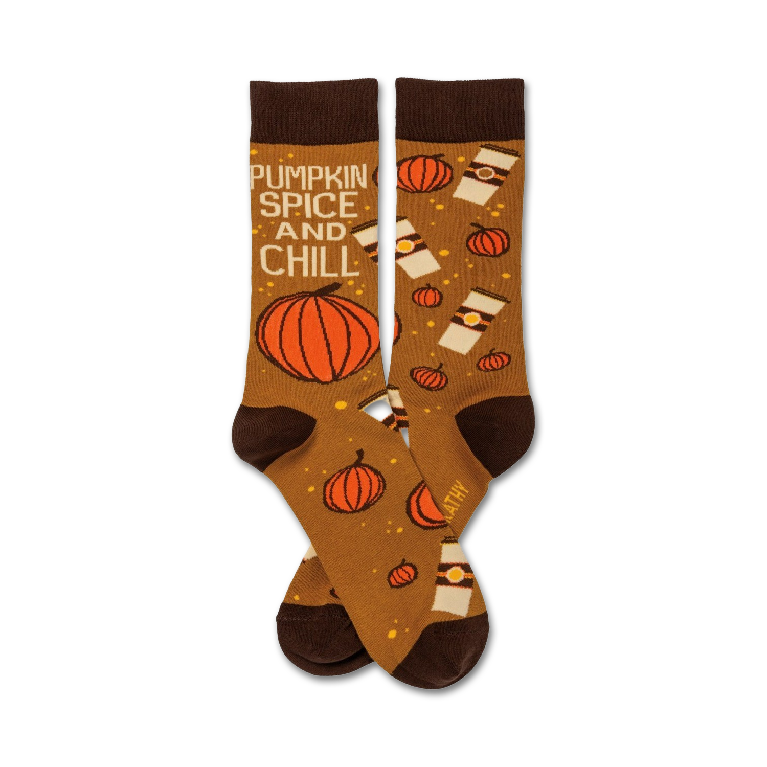 Brown crew socks with orange pumpkins, coffee cups, and the text 'Pumpkin Spice and Chill'.