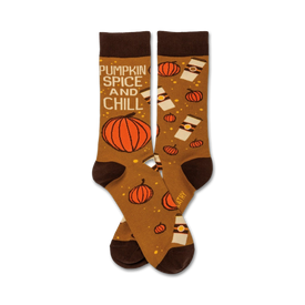 pumpkin spice and chill socks: brown crew socks with pumpkins, coffee cups and text.  