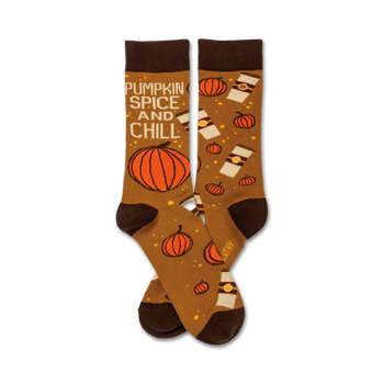 pumpkin spice and chill socks: brown crew socks with pumpkins, coffee cups and text.  