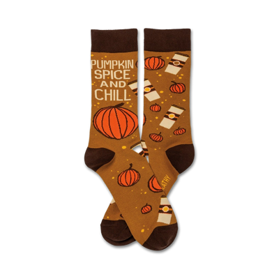 pumpkin spice and chill socks: brown crew socks with pumpkins, coffee cups and text.  