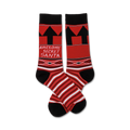 Pair of crew socks in red and black.  Features a bold 'Awesome Secret Santa' graphic, upward-pointing arrows, and a geometric pattern.