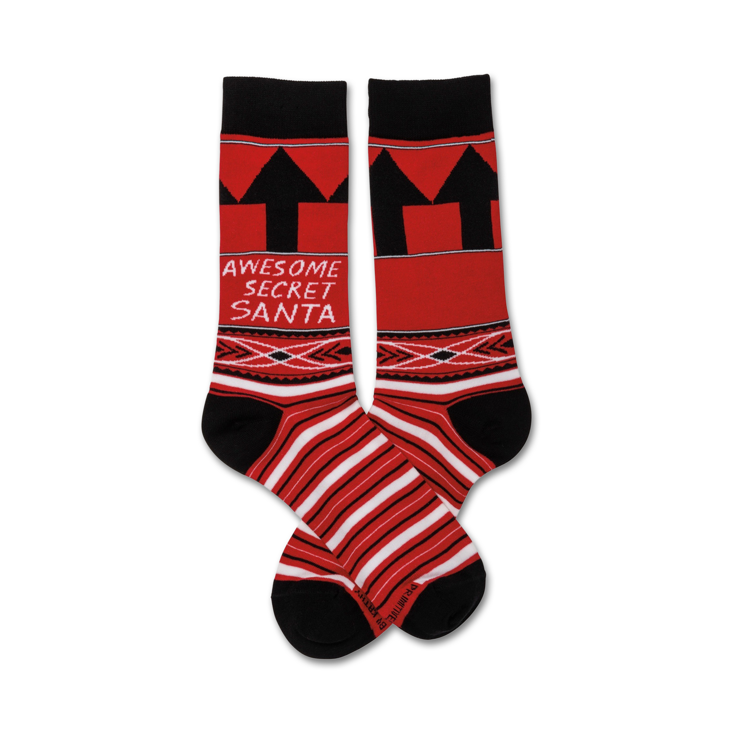 Pair of crew socks in red and black.  Features a bold 'Awesome Secret Santa' graphic, upward-pointing arrows, and a geometric pattern.