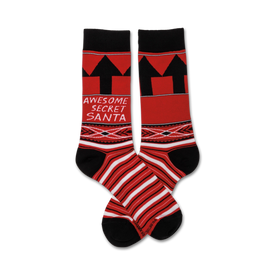 red and black novelty crew socks w/ xmas pattern & "awesome secret santa" text   