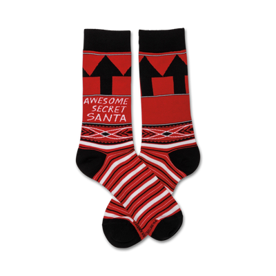 red and black novelty crew socks w/ xmas pattern & "awesome secret santa" text   