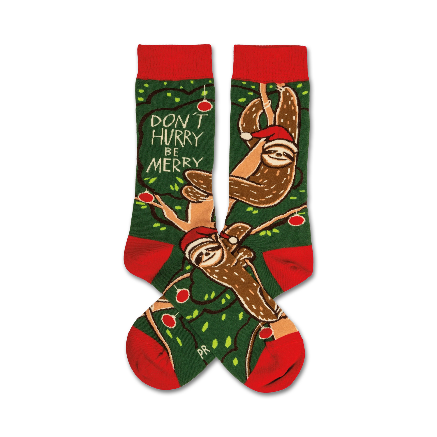Crew socks in red and green featuring sloths wearing Santa hats on a green background with a 'Don't Hurry, Be Merry' message.