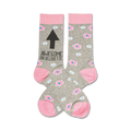 Pair of grey crew socks with pink flowers and an upward-pointing black arrow. Text reads 'Awesome Bachelorette'.