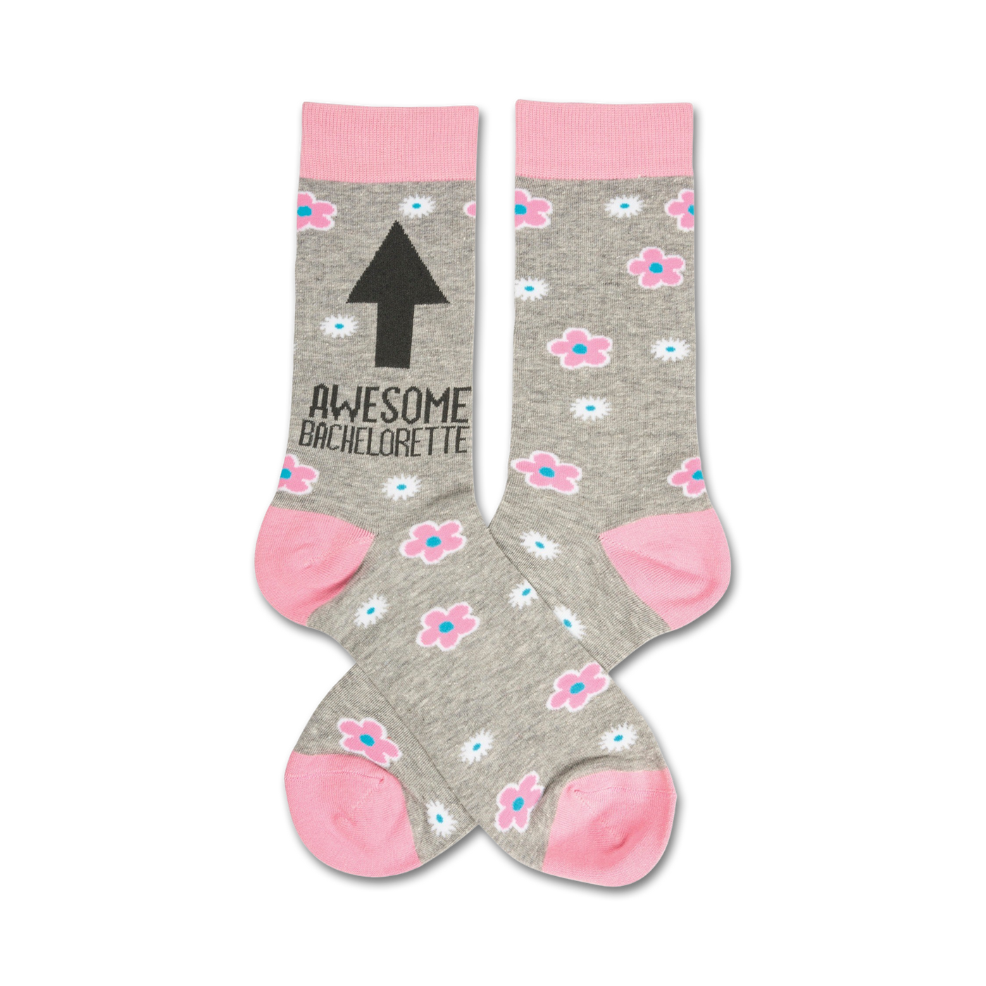 Pair of grey crew socks with pink flowers and an upward-pointing black arrow. Text reads 'Awesome Bachelorette'.