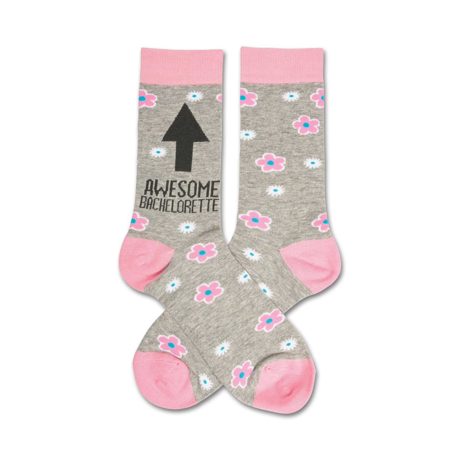 Pair of grey crew socks with pink flowers and an upward-pointing black arrow. Text reads 'Awesome Bachelorette'.