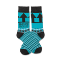Pair of teal and gray crew socks. Features black arrow design, 'Awesome Bachelor' text, and geometric pattern at the cuff.