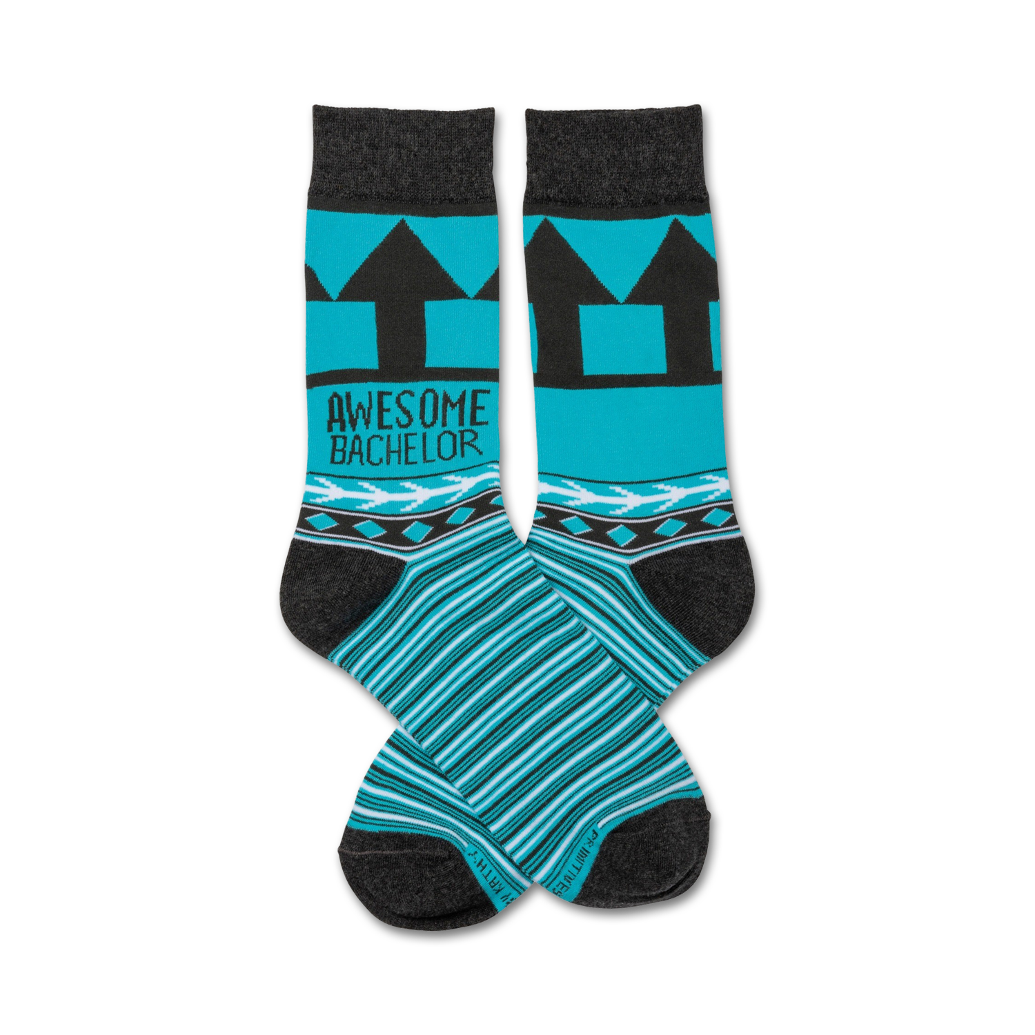 Pair of teal and gray crew socks. Features black arrow design, 'Awesome Bachelor' text, and geometric pattern at the cuff.