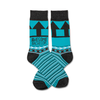blue and gray geometric pattern men's crew socks with 'awesome bachelor' written on them.  