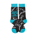 Crew socks in dark gray with teal cuffs.  The design features white illustrations of bow ties, rope, and a ball and chain. Text reads 'Do These Socks Make Me Look Married?'