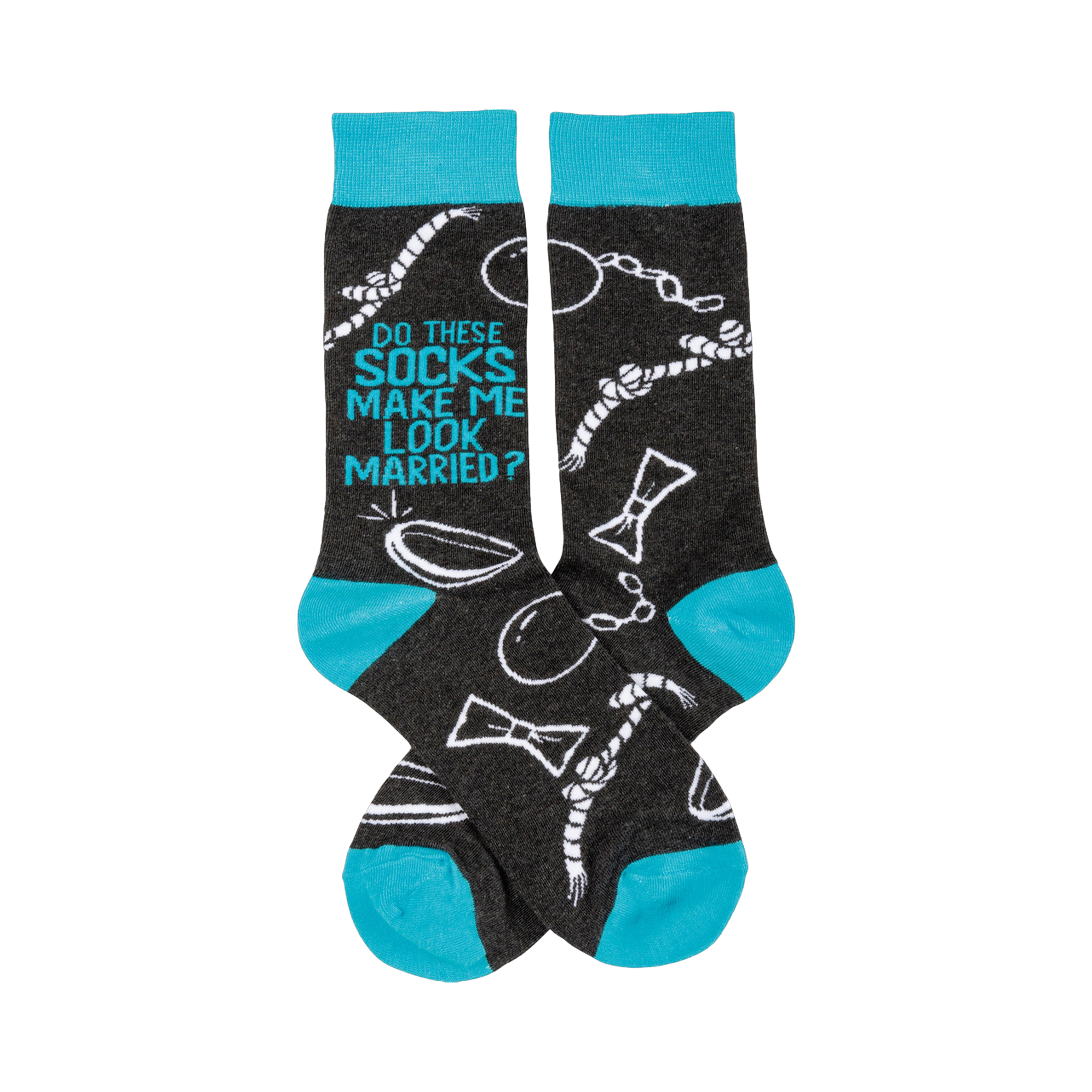 Crew socks in dark gray with teal cuffs.  The design features white illustrations of bow ties, rope, and a ball and chain. Text reads 'Do These Socks Make Me Look Married?'