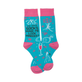 Pair of teal crew socks with pink cuffs.  The socks feature a playful design of wedding bells, rings, champagne glasses and pink flowers.